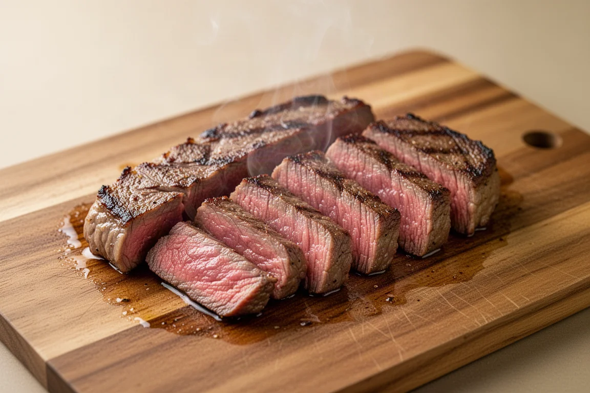 Rodajas de bistec reposando sobre una tabla de cortar, mostrando un degradado rosado en su interior