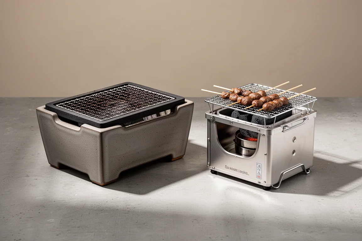 Traditional konro grill and portable konro-style grill side by side on concrete