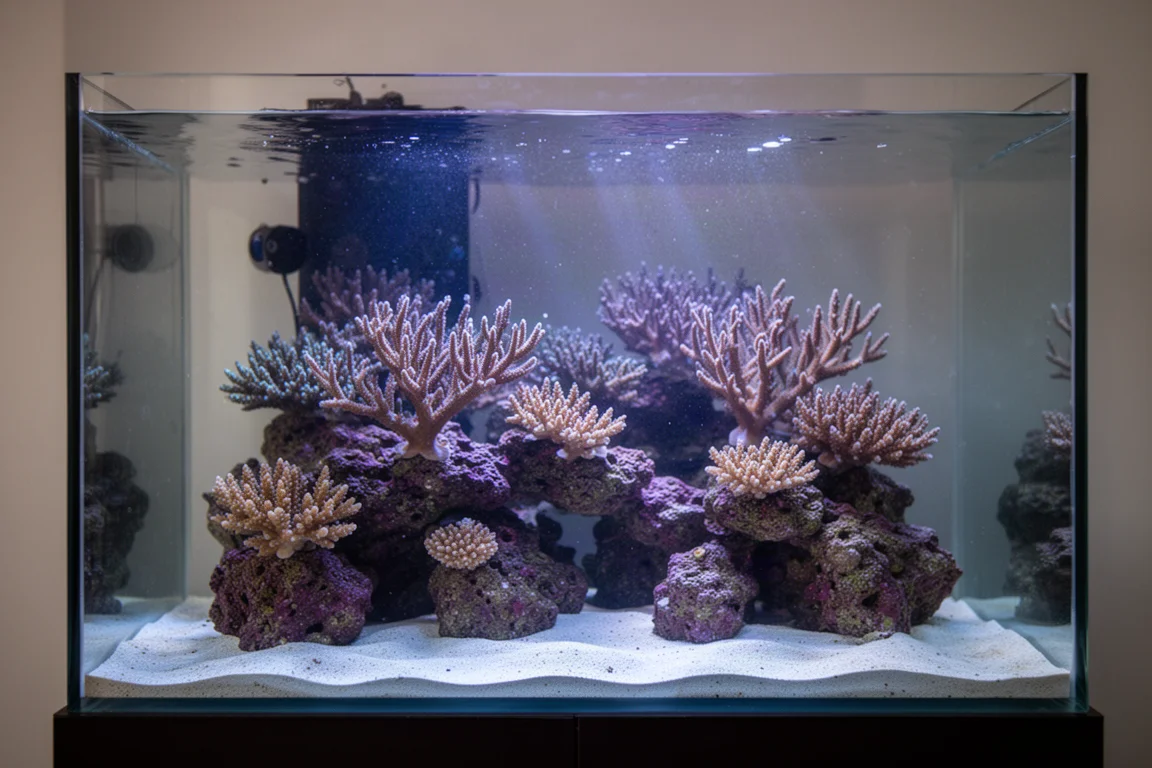 Mature reef aquarium with branching coral colonies under blue lighting