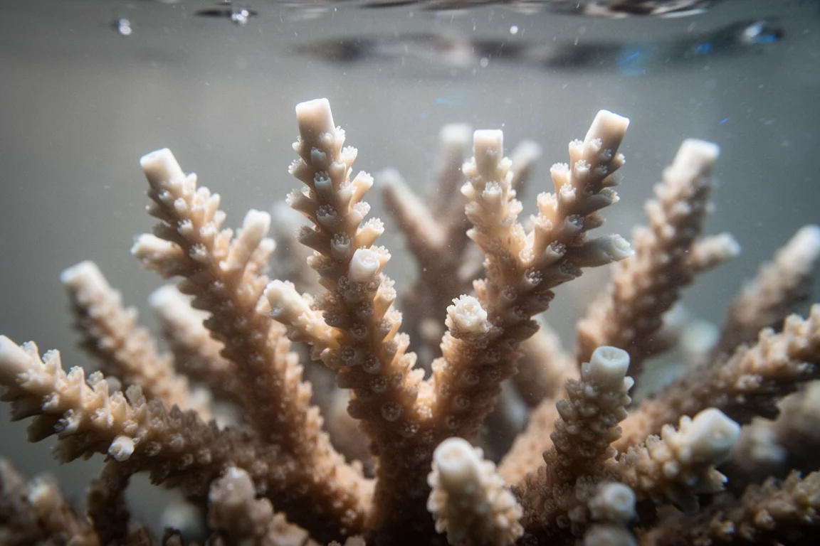 Macro view of branching coral tissue under reef aquarium lighting