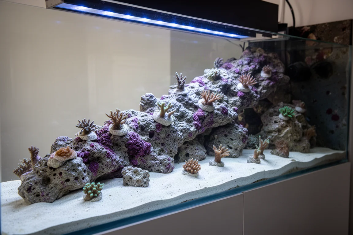 Clean sand bed and live rock in a well-maintained reef aquarium