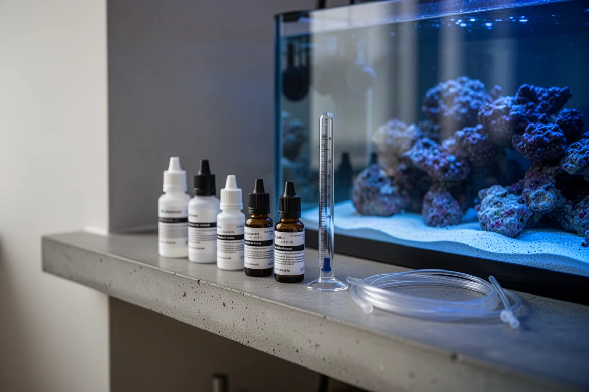 Maintenance shelf with unlabeled dosing bottles beside a lit reef aquarium