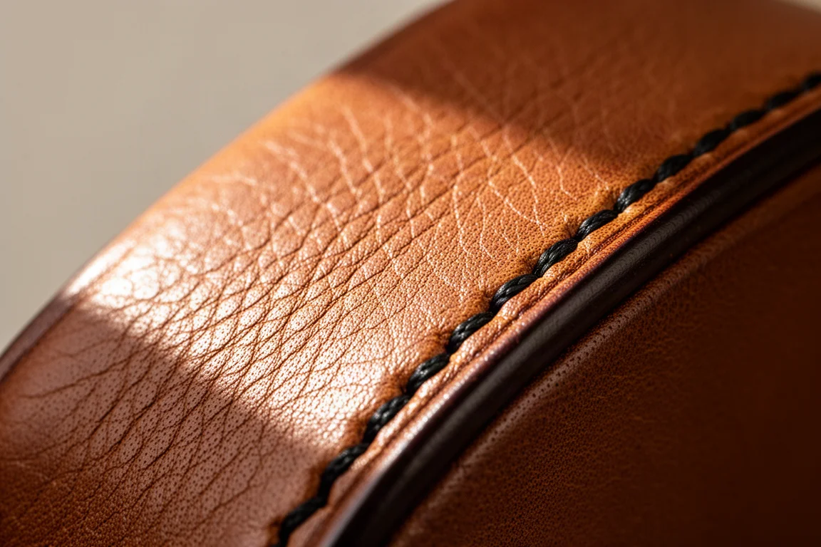 Close-up van gestructureerd cognacbruin Pueblo-leer met zichtbare nerf en stiksels