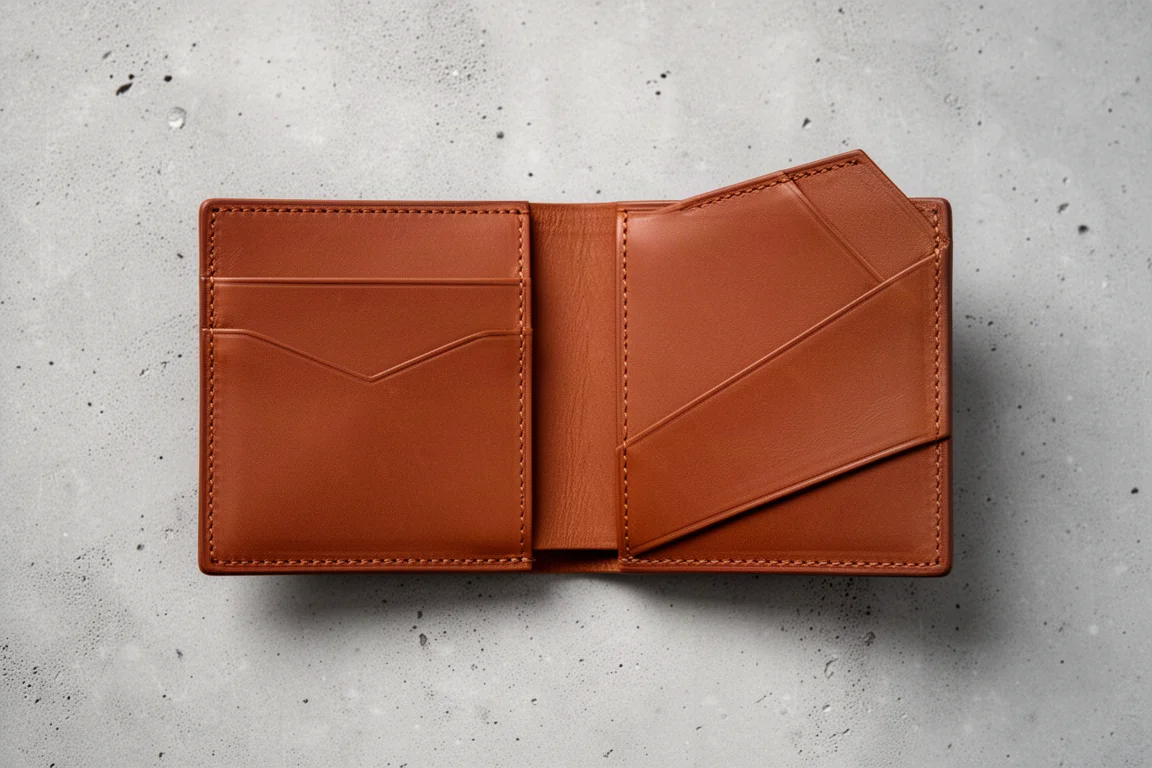 Geopende bifold-portemonnee met twee kaartzakjes en een hoesje voor bankbiljetten