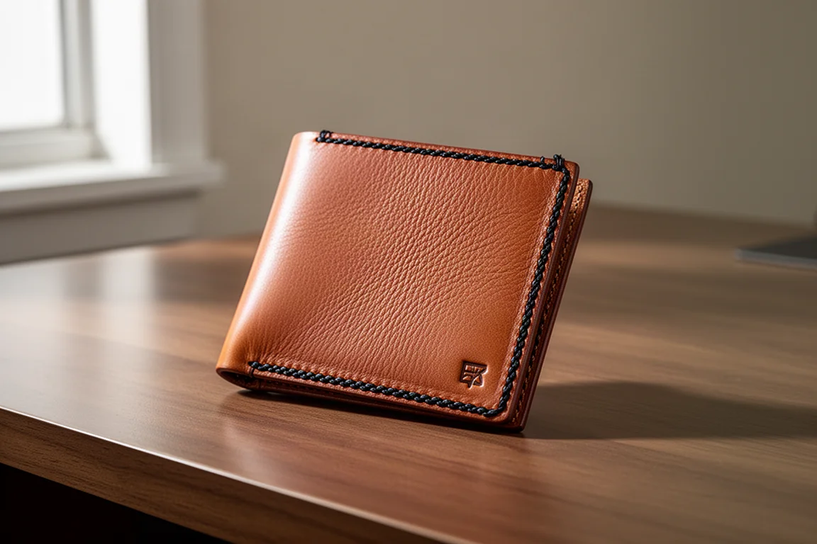Slim cognac leather bifold wallet closed on a brushed wood desk