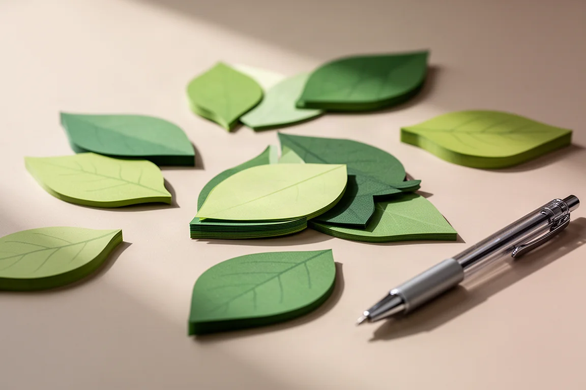 Bladvormige sticky notes in groentinten op een bureau naast een pen