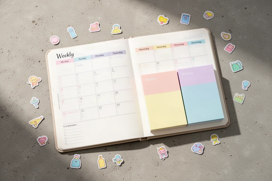 Open planner versierd met kleine kleurrijke stickers en memoblokjes