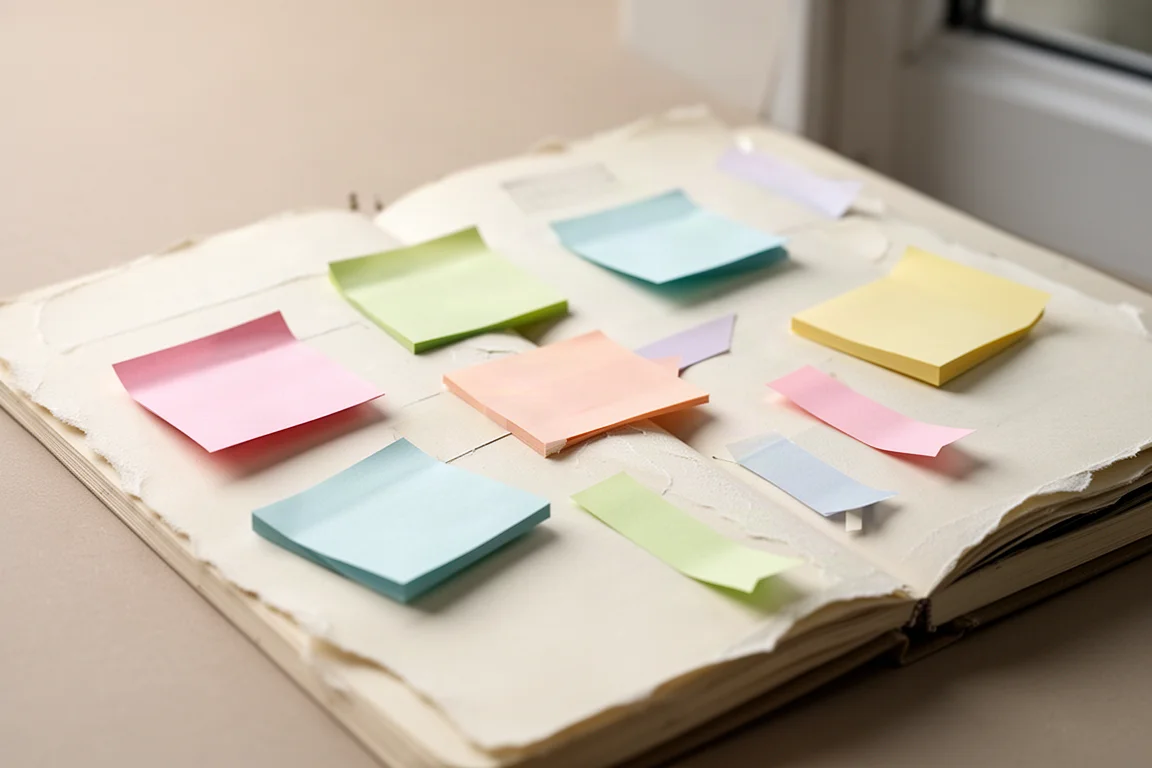 Pastelkleurige sticky notes en paginamarkers verspreid over een journalpagina