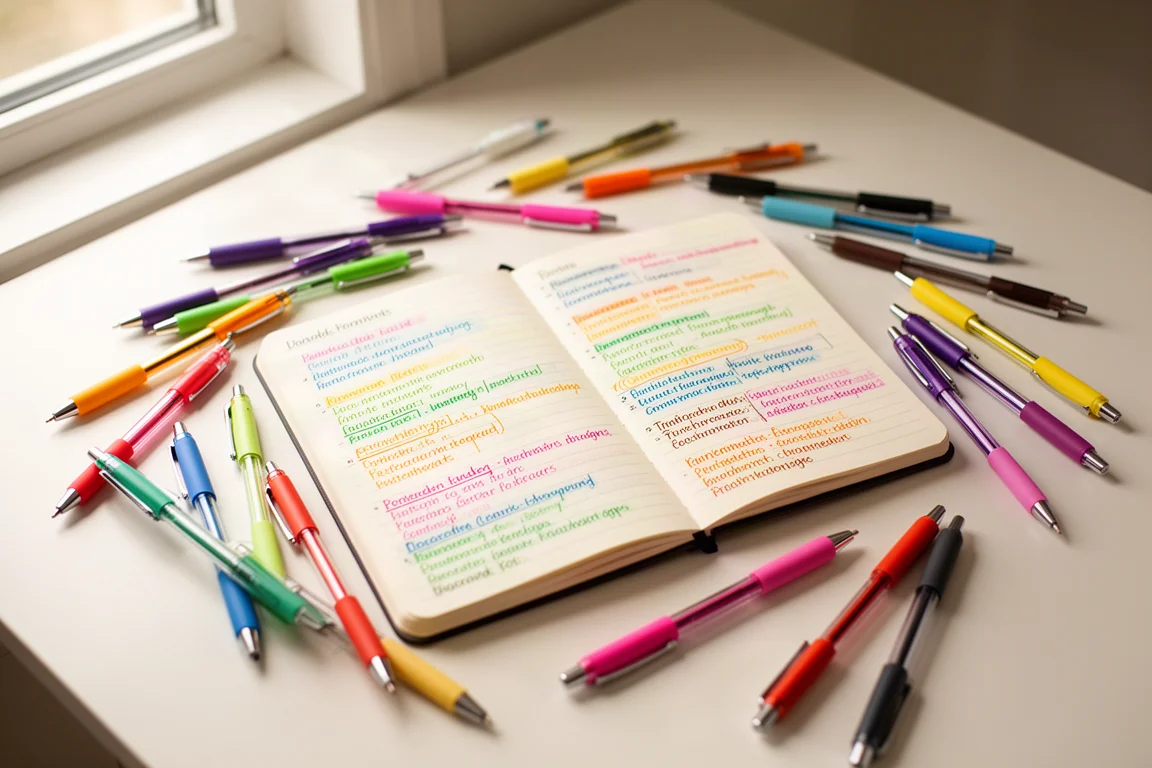Colorful pens arranged beside an open notebook on a bright desk