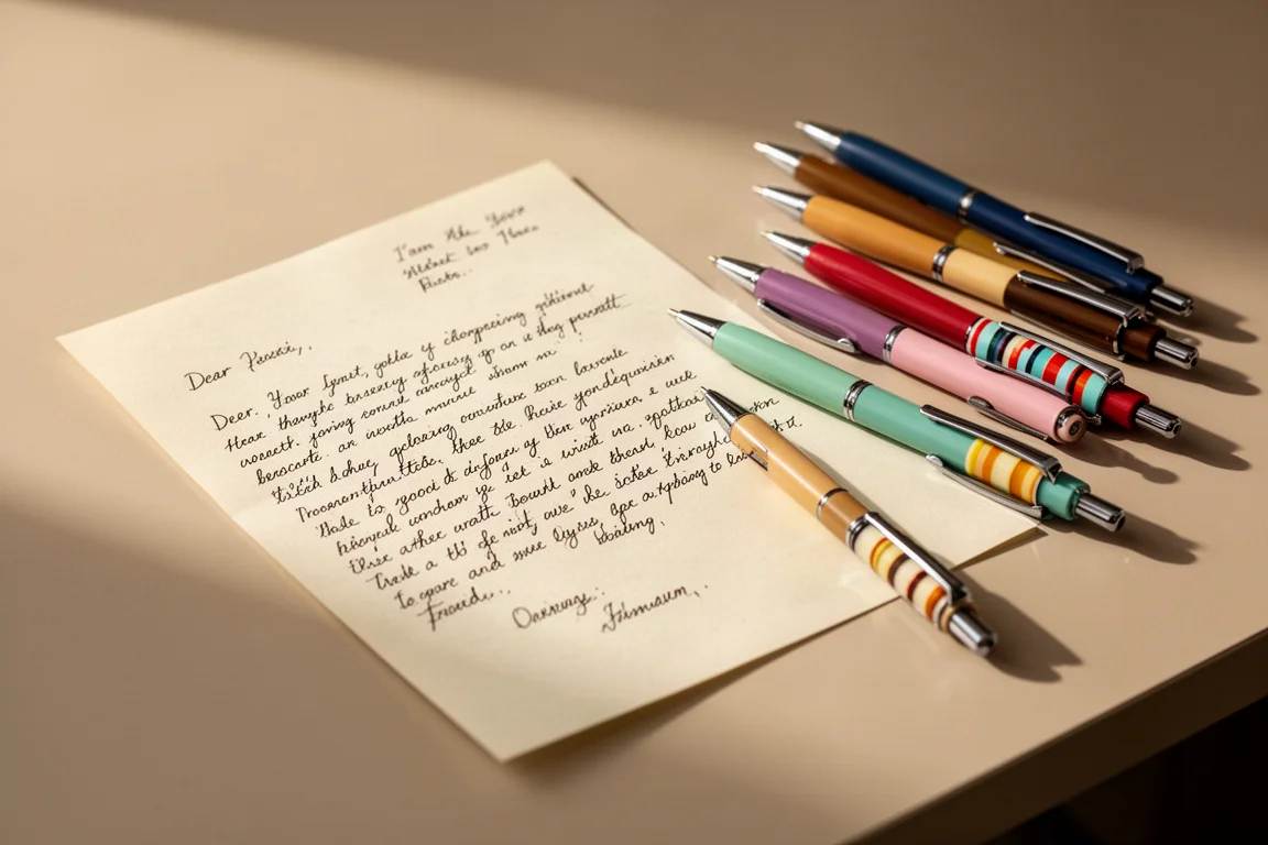 Retro-style ballpoint pens resting on a desk beside a handwritten letter