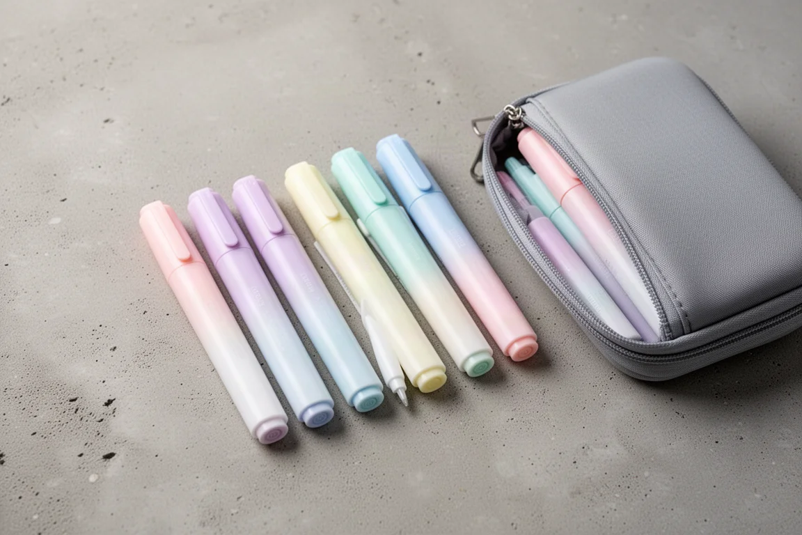 Twin-tip markers with a carrying case on a flat concrete surface