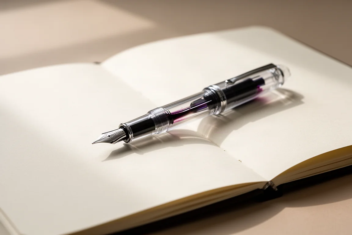 Fountain pen with transparent body resting on a notebook at a writing desk