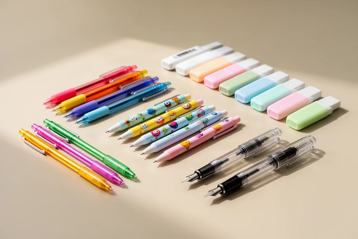 Assortment of colorful Korean pens, markers, highlighters, and fountain pens arranged on a light desk