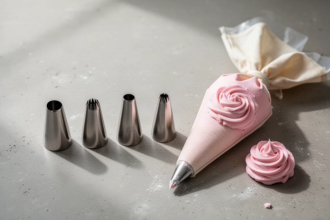 Stainless steel piping tips lined up beside a piping bag filled with pink buttercream