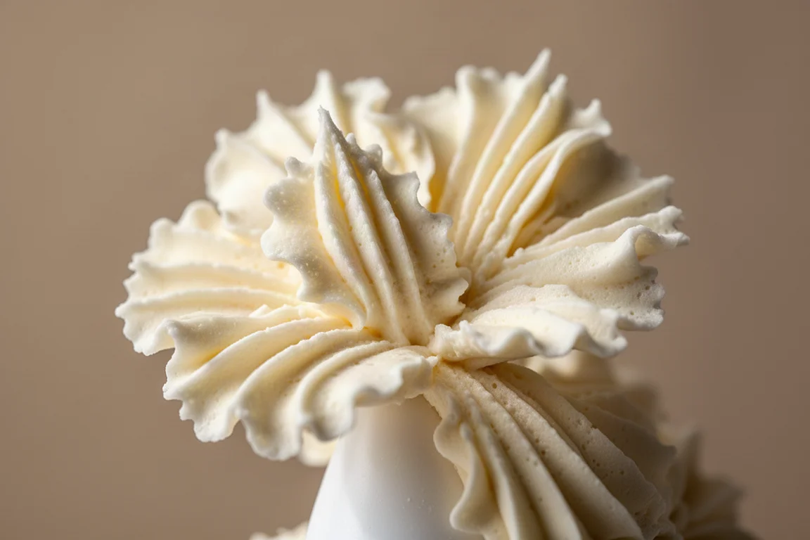 Close-up of delicate piped buttercream petals with thin ruffled edges