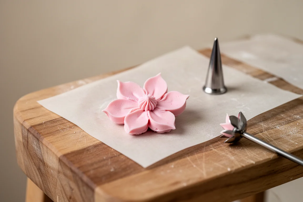 Piped buttercream flower blossom resting on parchment paper