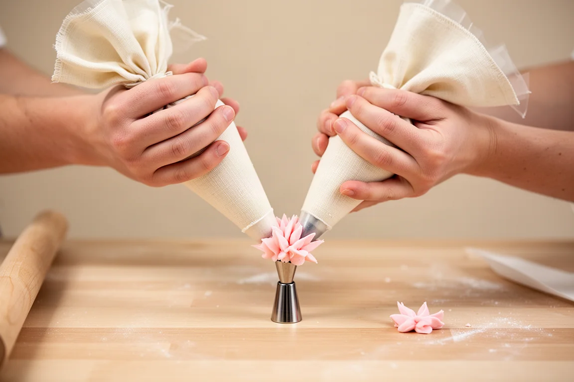 Baker's hands holding a piping bag while piping petals on a flower nail