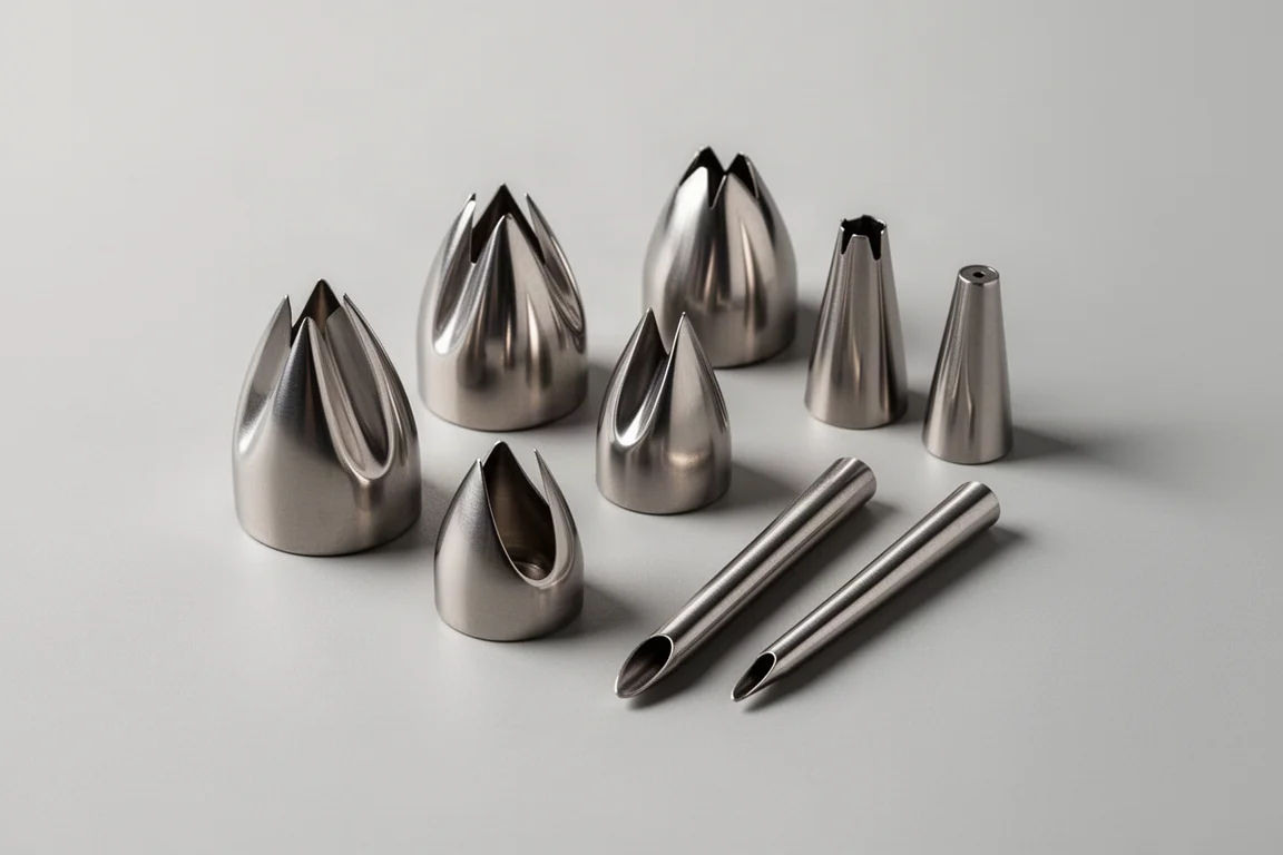 Collection de douilles à pâtisserie en acier inoxydable disposées sur une surface gris clair