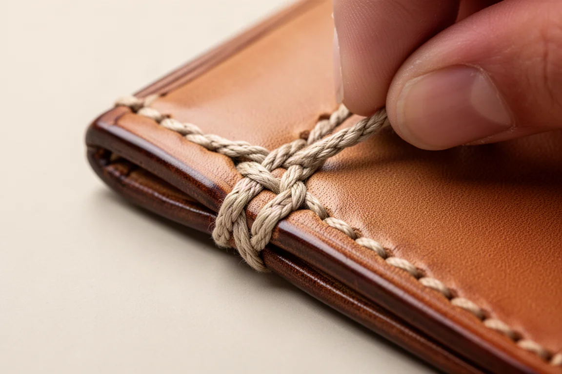 Close-up of hand stitching and burnished edges on a vegetable tan leather wallet
