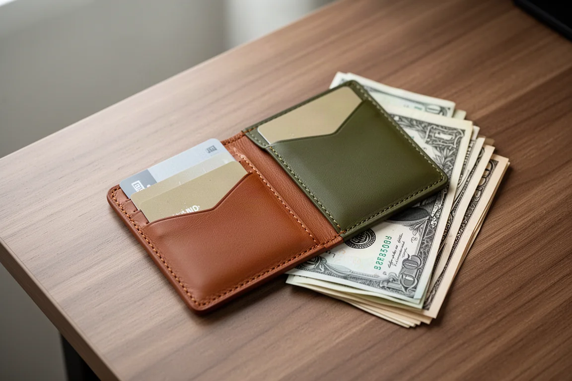 Minimal leather card sleeve with cards tucked into its front and back pockets