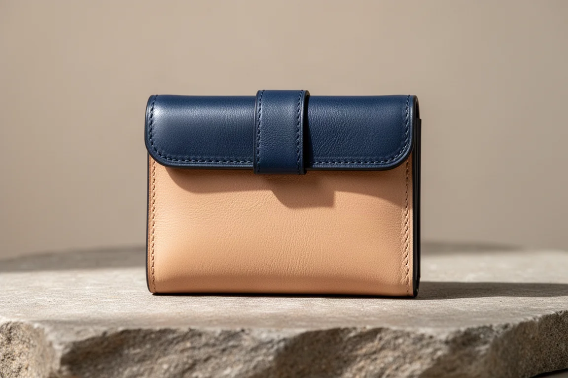 Flap-style leather wallet with tuck closure closed on a neutral surface