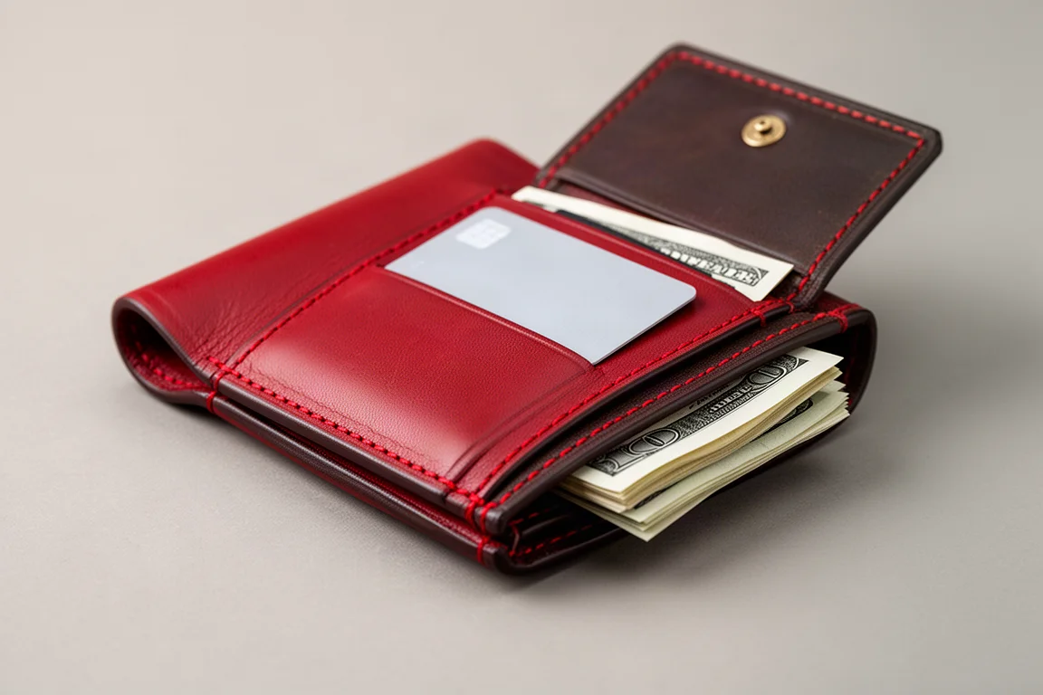Red and dark brown leather flap wallet holding folded banknotes beside cards