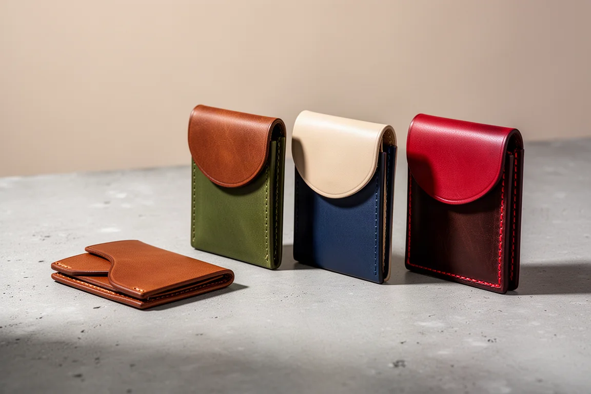 Drie handgemaakte leren card sleeve-portemonnees naast elkaar op beton