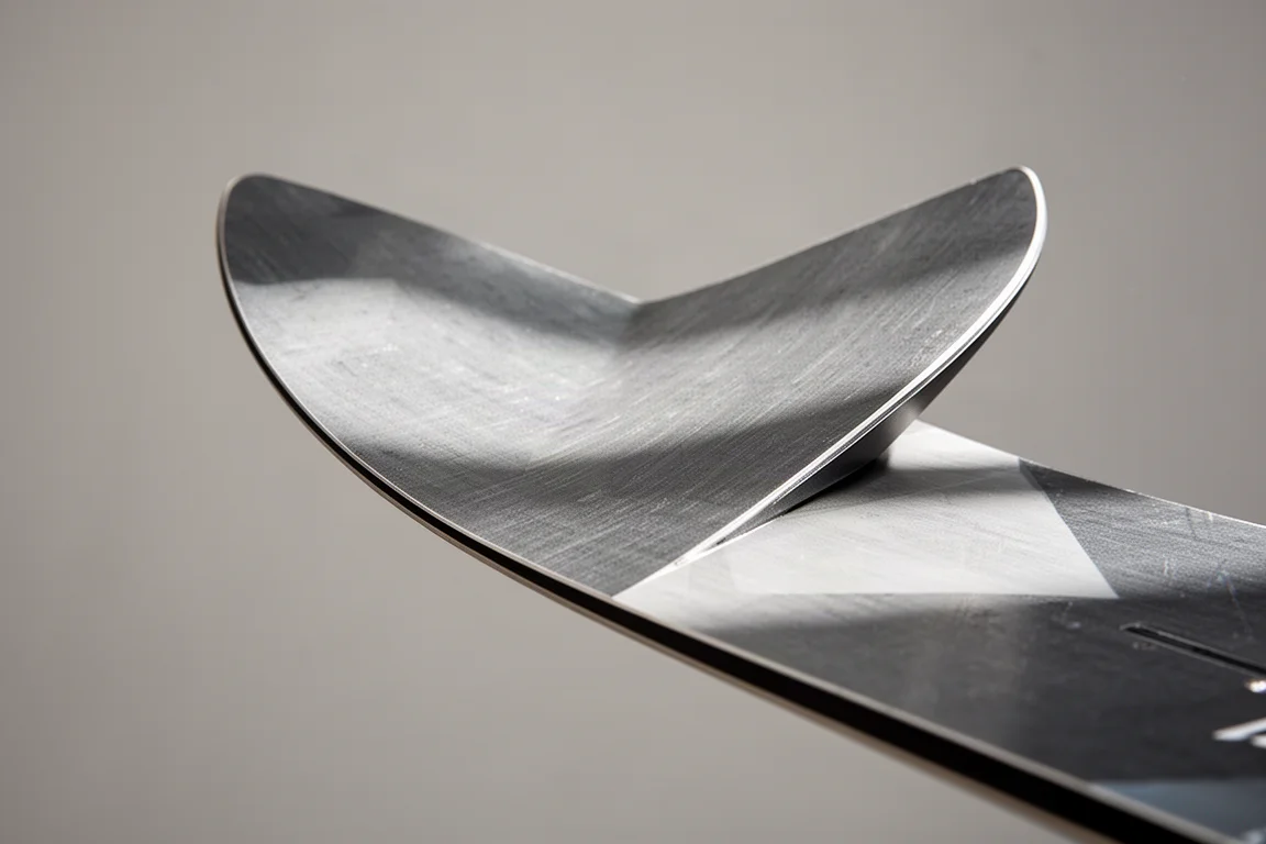 Détail du nose d'une planche de snowboard freeride asymétrique montrant la pointe décalée et le sidecut en diagonale