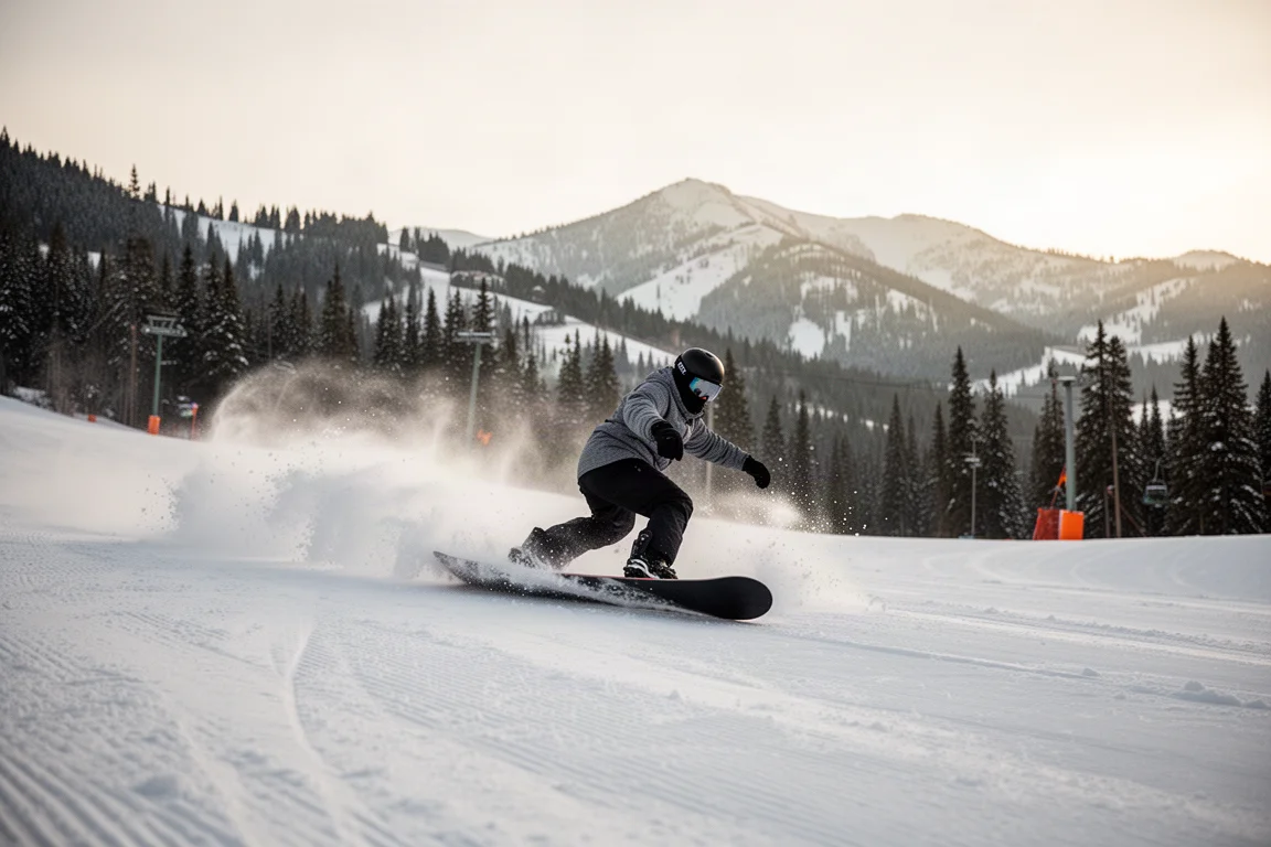Snowboardeur en carve dans une courbe serrée sur une piste damée sous une lumière matinale douce