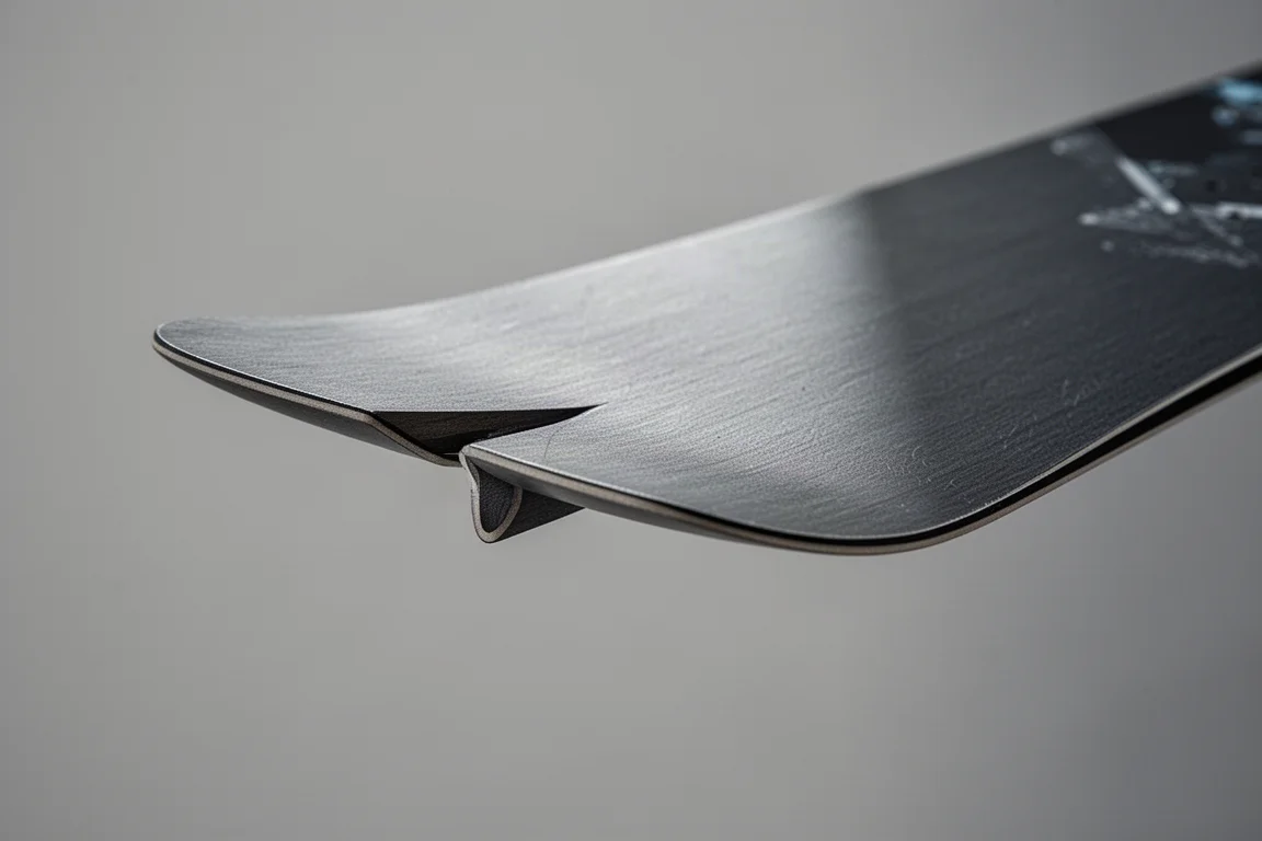 Détail du tail d'une planche de snowboard freeride montrant une courte encoche mini swallowtail