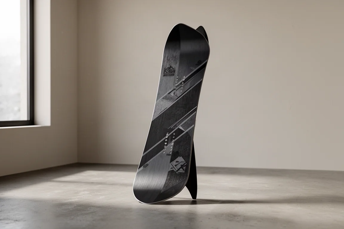 Planche de snowboard freeride asymétrique avec spatule décalée et mini swallowtail, dressée à la verticale