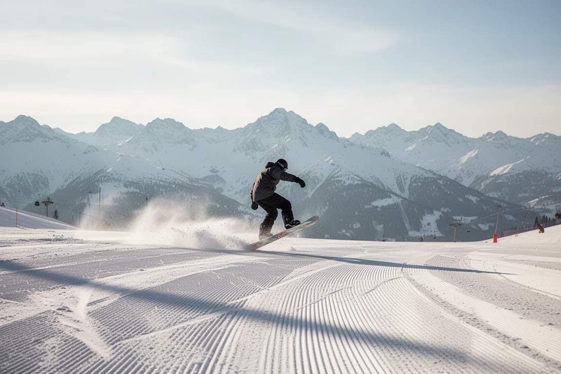 Snowboarder che fa buttering su una pista battuta in montagna con le montagne sullo sfondo
