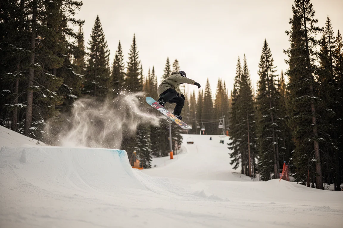Snowboarder che salta su un side hit lungo una pista del comprensorio alla luce del giorno