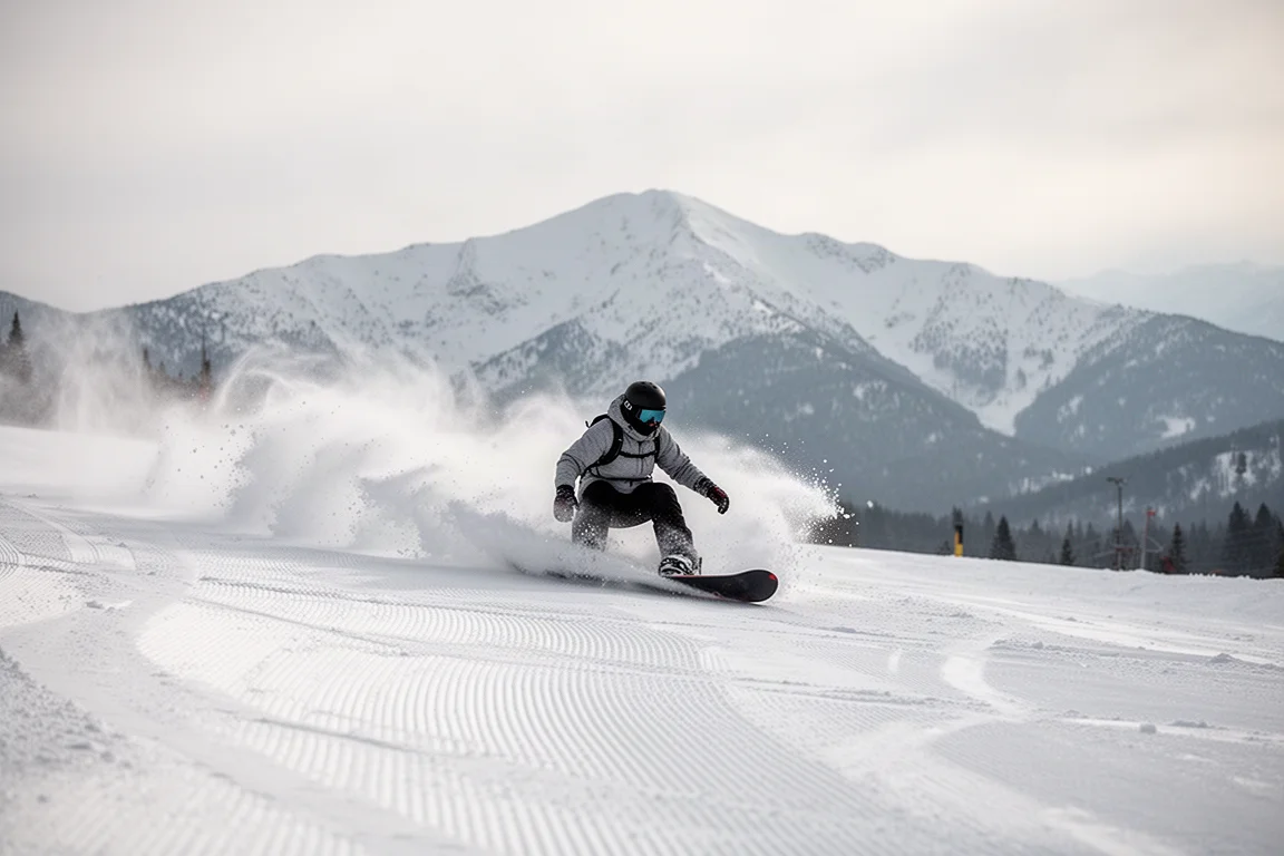 Snowboarder che intaglia un profondo solco nella neve battuta a corduroy
