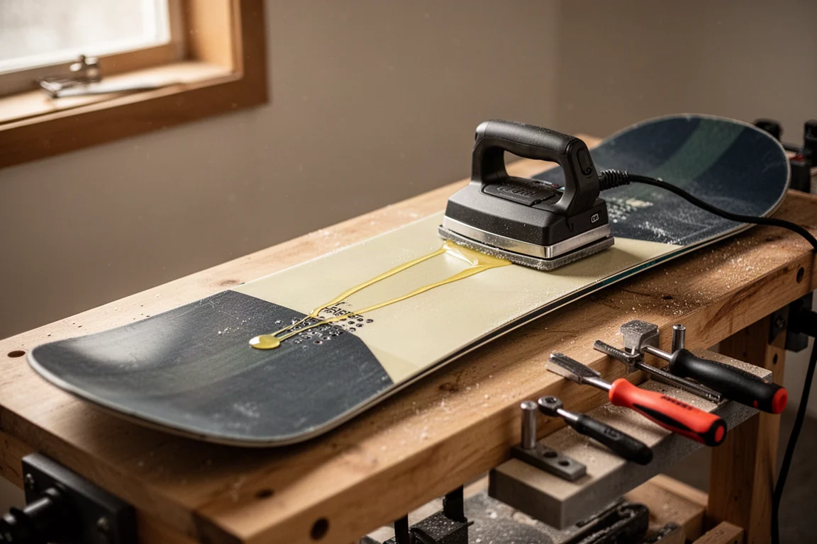 Bancone di uno snow shop con la base di uno snowboard mentre viene cerata