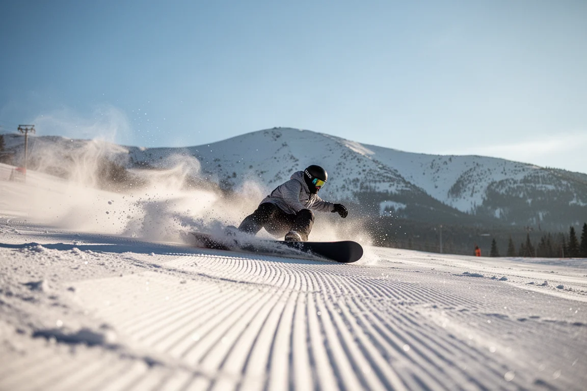 Snowboarder carving deep arcs on a corduroy groomer under bluebird skies