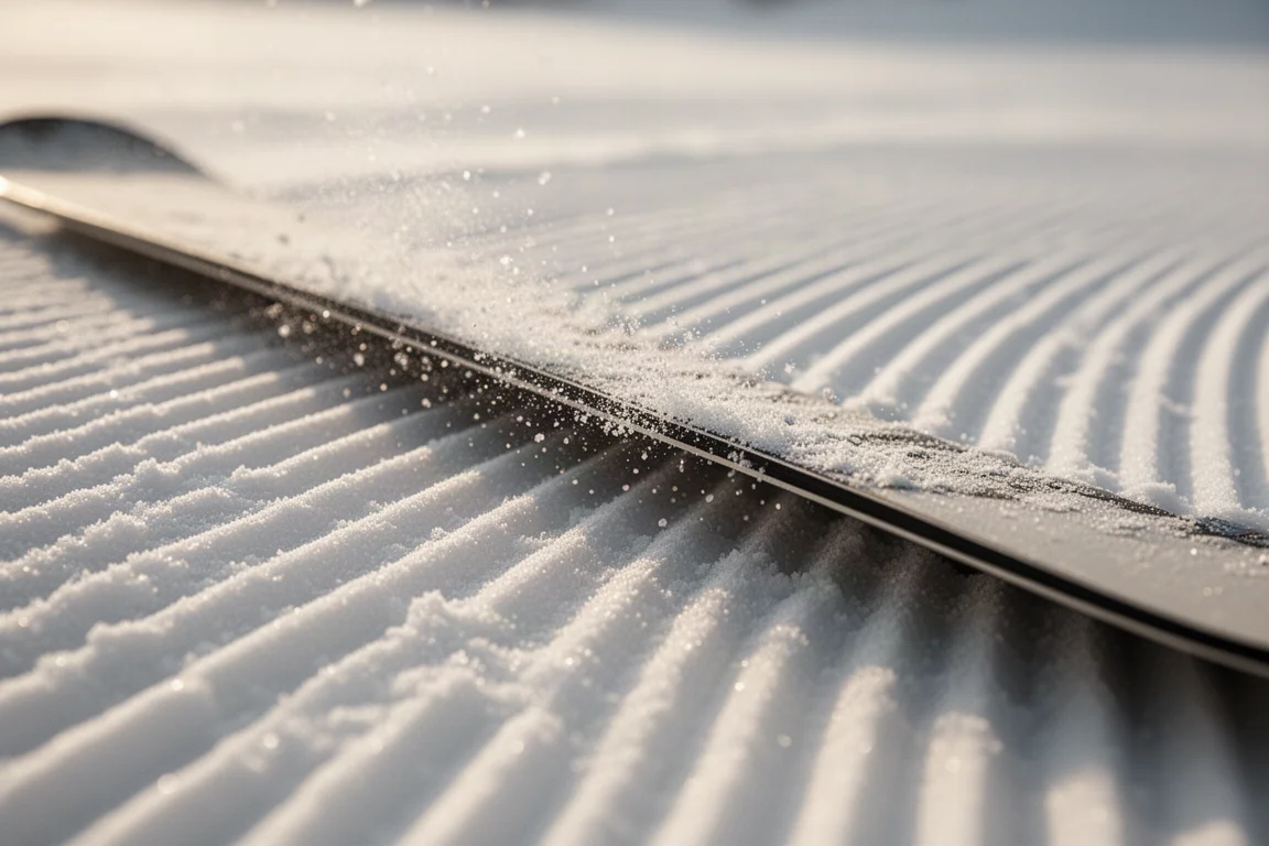 Close-up of a snowboard edge biting into firm groomed snow mid-carve