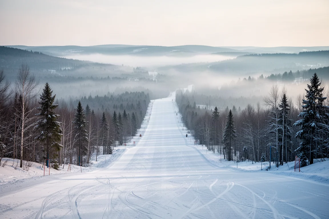 Wide open groomed ski run with no crowds in soft morning light