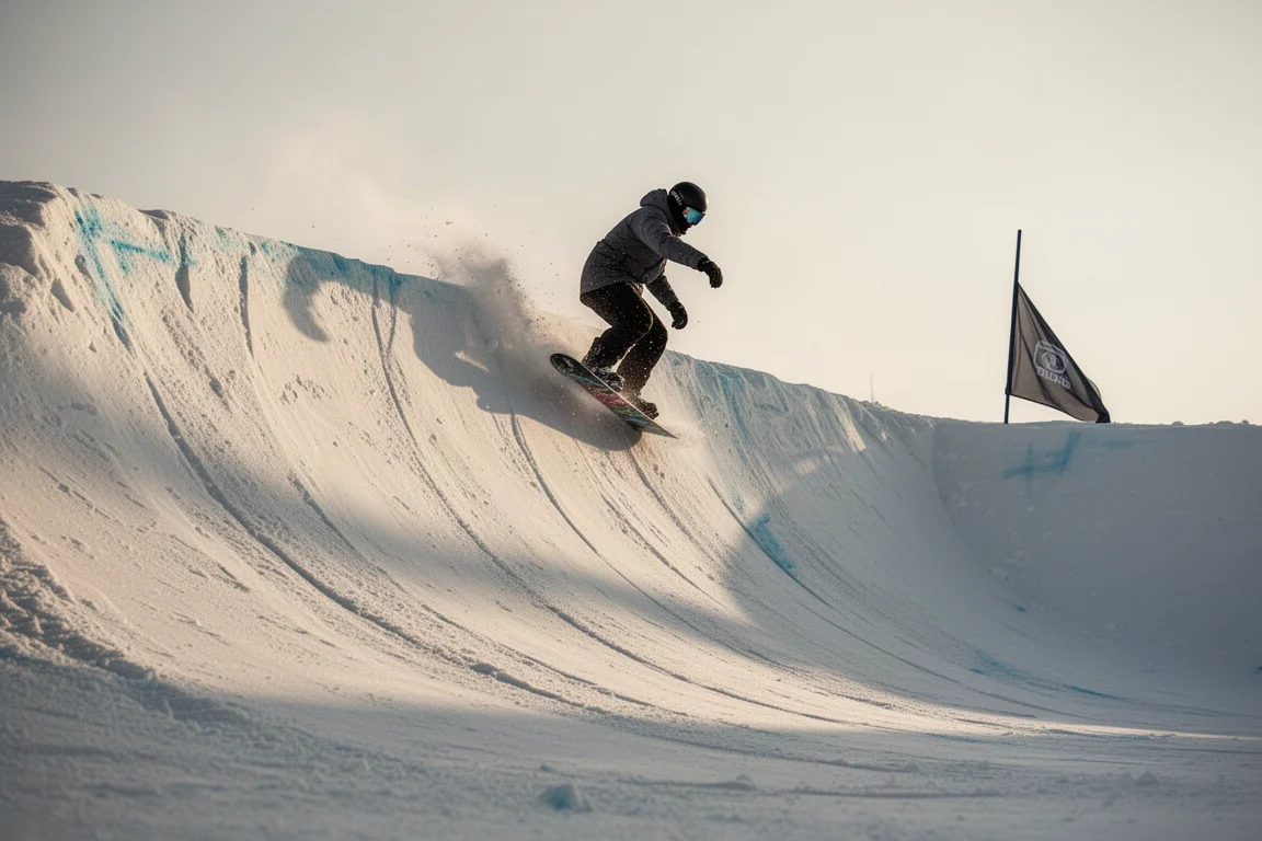 Snowboarder mid-turn on a banked wall of snow on a banked slalom course