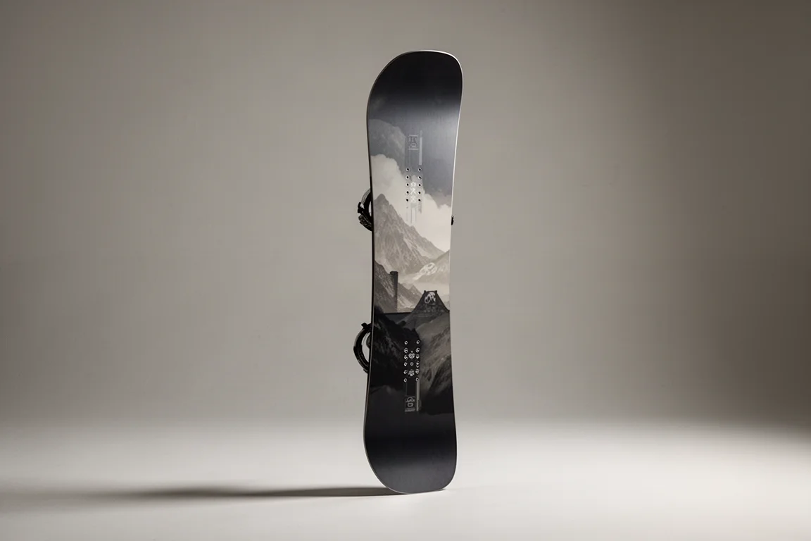 Korua Bullet Train snowboard standing upright on a neutral grey backdrop