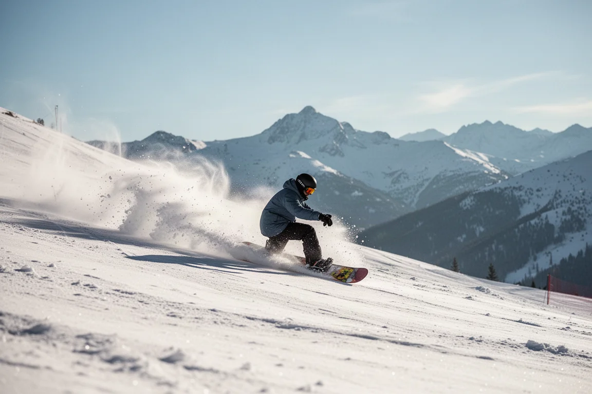 Snowboarder che intaglia un profondo solco nella neve di primavera su un pendio soleggiato