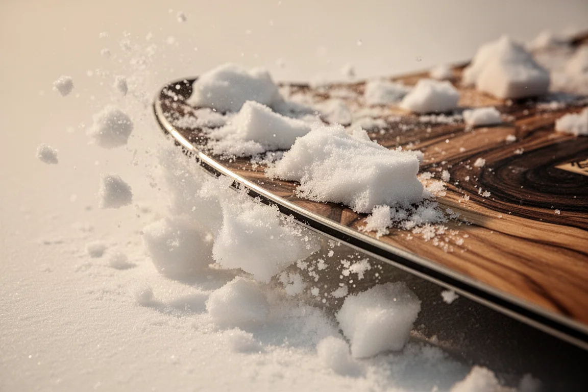 Primo piano del cantello di uno snowboard che taglia la neve di primavera a pezzi