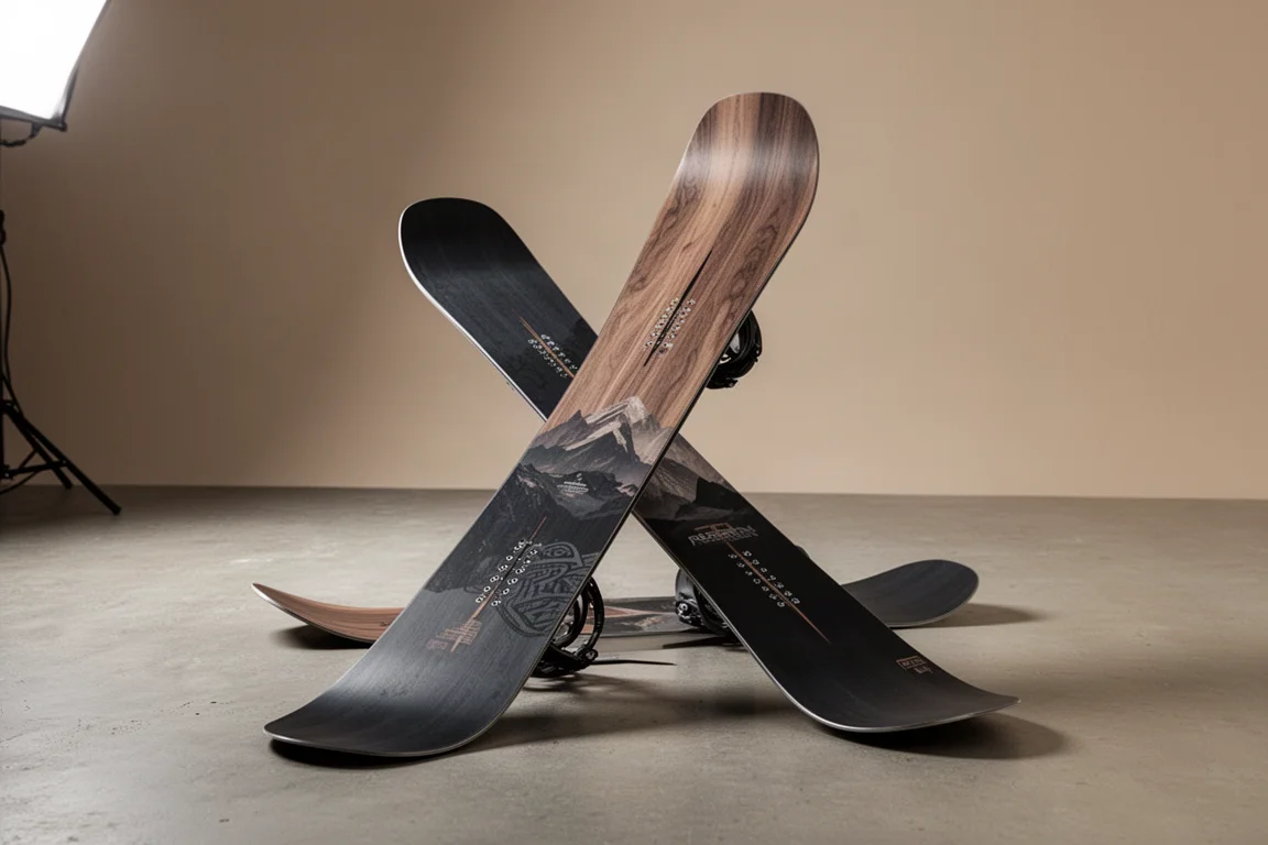 Snowboard Korua Cafe Racer Plus in piedi con angolazione di tre quarti su un pavimento in cemento