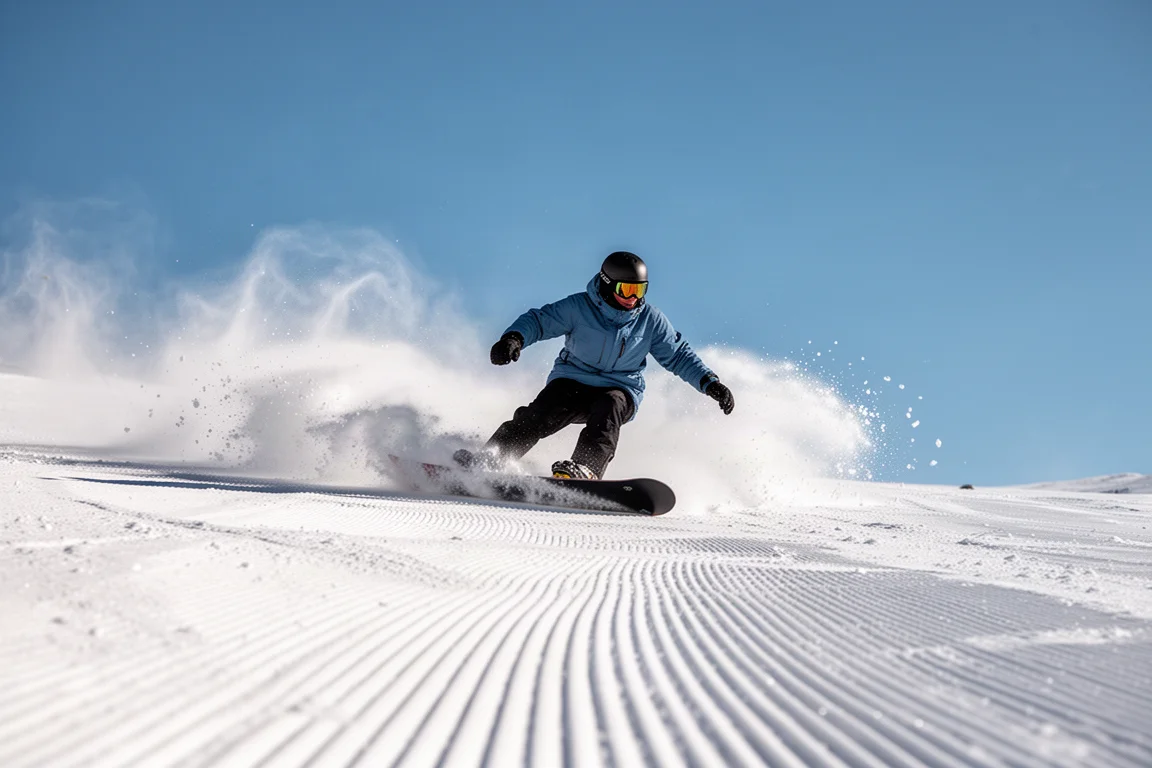Snowboardzista wycinający głębokie łuki na przygotowanej trasie kurortu pod bezchmurnym niebem