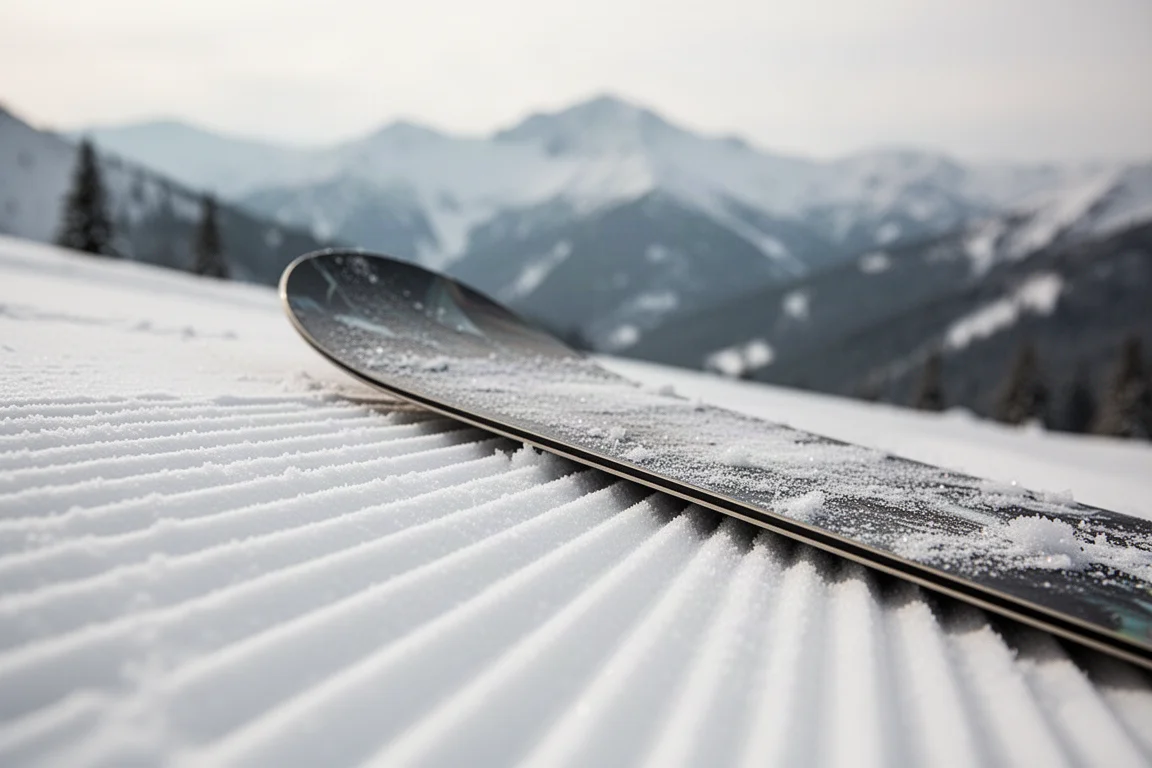 Zbliżenie na krawędź deski snowboardowej wciskającą się w świeżo ratrkowany śnieg