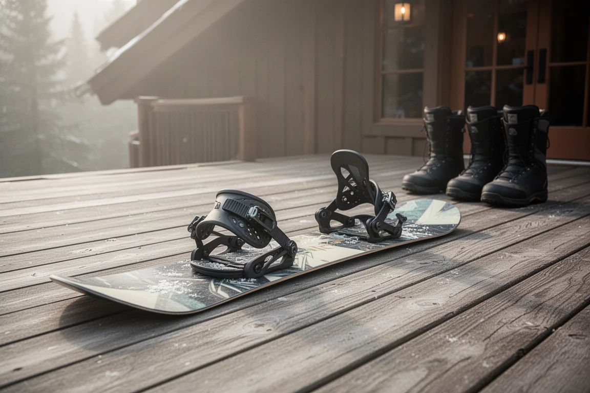 Deska snowboardowa i wiązania położone płasko na drewnianym pokładzie przed dniem w kurorcie