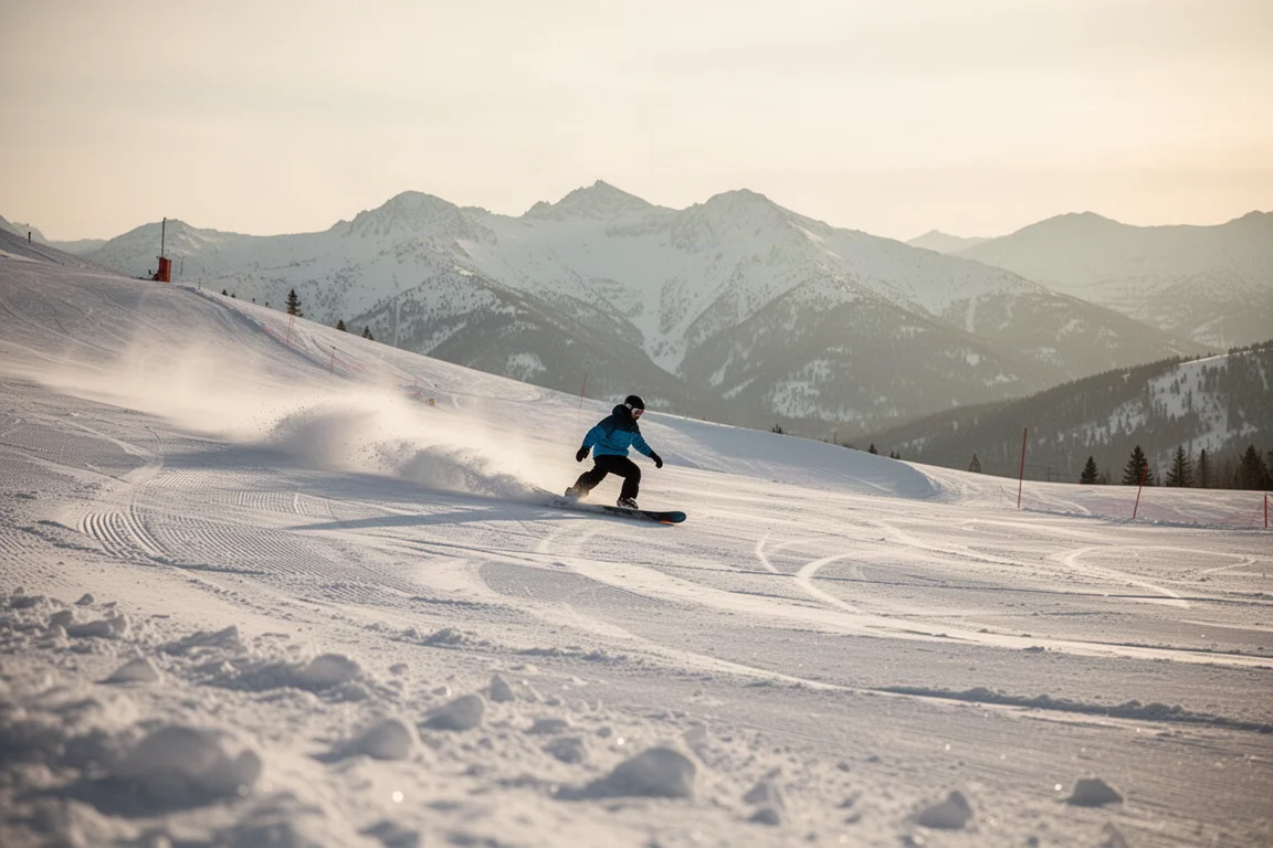 Snowboardzista jadący spokojne łuki na szerokiej, otwartej przygotowanej trasie w miękkim świetle