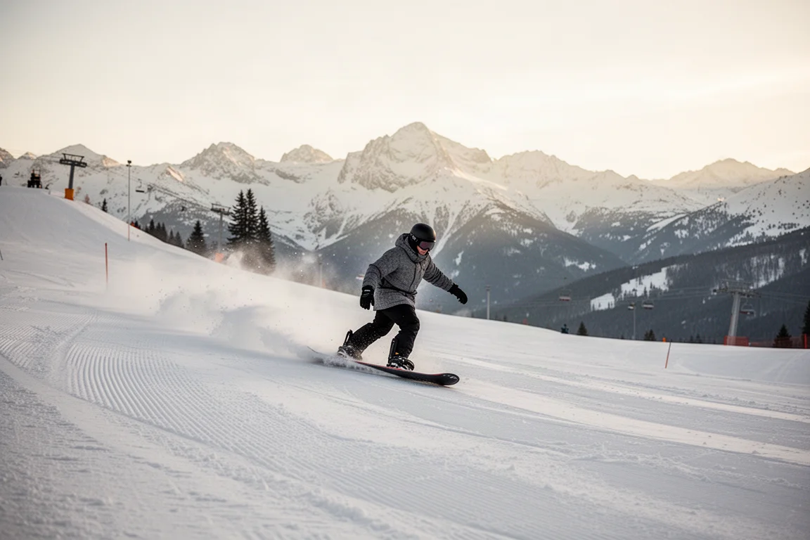 Snowboarder carving down a wide groomed resort slope on a clear day