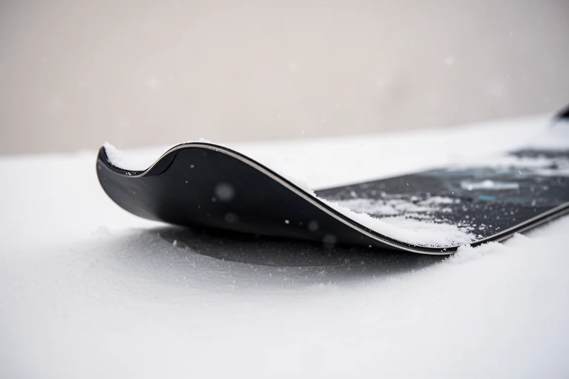 Close-up of a snowboard nose showing rocker curve resting on powder snow