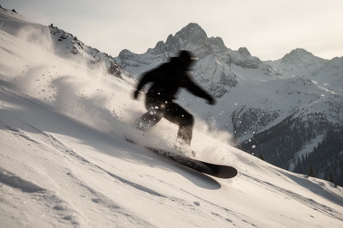 Snowboard carving a deep trench into steep hardpack snow